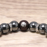 Natural Hematite Beaded Bracelet with Dragon Sandalwood Bead 925 Sterling Silver Accessories Vintage Jewelry for Men