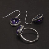 Real S925 Sterling Silver Natural Amethyst Heart Ring Drop Earrings for Women Girl Vintage Fashion Jewelry Set