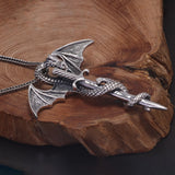 Genuine S925 Sterling Silver Viking Sword Dragon Pendant Necklace for Men Women Retro Punk Long Chain Jewelry Best Gift