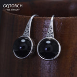 Stamped 925 Sterling Silver Black Onyx Drop Earrings for Women Round Natural Stone Simple Vintage Earrings Fashion Fine Jewelry