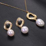 S925 Silver Gold Plated Pearl Necklace and Earrings Natural Freshwater Pearl Jewelry Set Matte Geometric Elegant Accessories