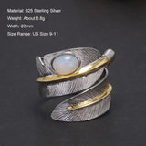 S925 Sterling Silver Vintage Leaf Feather Ring with Natural Oval Opal Two-tone Open Rings for Women Size 9-11 - GQTORCH Jewelry
