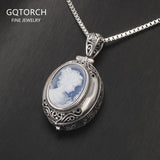 925 Sterling Silver Cameo Locket Pendant Necklace Blue Agate White Shell Openable Pendant Vintage Jewelry