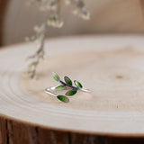 Real 925 Sterling Silver Green Enamel Leaf Ring Adjustable Ring Elegant Fine Jewelry For Women Party Accessories