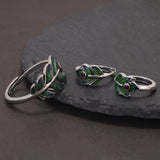 925 Sterling Silver Peacock Feather Ring Earrings for Women Green Color Enameling Vintage Fashion Jewelry Set