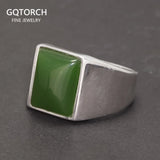 Real 925 Sterling Silver Green Agate Ring for Men Square Shape Natural Gemstone Band Minimalism Jewelry