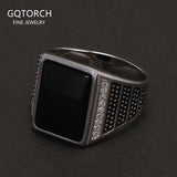 925 Sterling Silver Black Onyx Stone Signet Ring for Men Square Shaped Inlaid White Zircon Turkish Rings Retro Fashion Jewelry