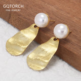 925 Sterling Silver Water Drop Earrings with Natural Pearl Gold Plating Vintage Scratch Wave Pattern Elegant Female Jewelry