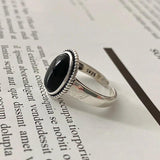 Vintage 925 Sterling Silver Women Rings with Oval Natural Onyx Black Stone Adjustable Size Opening Type - GQTORCH Jewelry