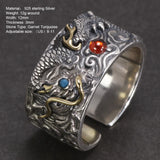 925 Sterling Silver Men's Eagle Dragon Ring with Natural Garnet Turquoise Retro Punk Cloud Silver Adjustable Fashion Jewelry