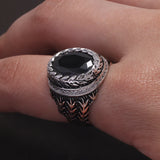 925 Sterling Silver Cut Black Onyx Signet Ring for Men Wheat Engraved Oval Shaped Vintage Turkish Rings Male Jewelry Gift