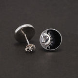 9mm 925 Sterling Silver Star Black Enamel Round Shaped Stud Earrings for Men Women Sun Ear Studs Punk Retro Fashion Jewelry