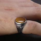 Genuine Solid Men's Ring Silver s925 Retro Vintage Turkey Rings With Natural Tiger Eye Stones Turkish Jewelry 925 Silver Jewelry