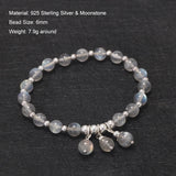 Real 925 Sterling Silver Beaded 6mm Natural Grey Moonstone Bead Charms Bracelet for Women Girl Elastic Bracelet Dainty Jewelry