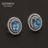 925 Sterling Silver Topaz Stud Earrings for Women Micro Inlaid Zircon Oval Shaped Luxury Elegant Wedding Jewelry Accessories