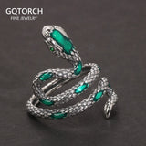 S925 Sterling Silver Snake Rings For Women with Green Zircon Stone Antique Punk Adjustable Animal Jewelry