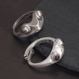 Real 925 Sterling Silver Frog Ring with Red Garnet for Women and Men Adjustable Retro Antiqued Creative Animal Jewelry