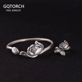 Sterling Silver 999 Cuff Bangle for Women Vintage Lotus Lucky Bracelet Ring Thai Silver Matte Open Jewelry Set