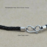 3mm Handmade Braided Necklace Genuine Leather Black Rope Twisted 4 Strands Cord With Vintage 925 Sterling Silver Fish Hook Clasp - GQTORCH Jewelry