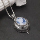 925 Sterling Silver Cameo Locket Pendant Necklace Blue Agate White Shell Openable Pendant Vintage Jewelry