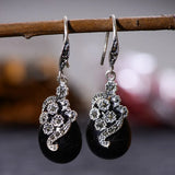 Vintage Dangling Earrings Real 925 Sterling Silver Jewelry Natural Garnet Red Stone Carved Flower Drop Shaped Earrings for Women