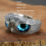 Real 925 Sterling Silver Demon Eye Owl Ring For Women Girl Lovers Retro Animal Open Adjustable Ring Statement Ring Jewelry Gift