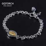 925 Sterling Silver Virgin Mary Link Chain Couple Bracelet Christian Jewelry With Cross Charm