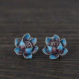 S925 Sterling Silver Retro Cloisonne Lotus Earrings for Women Fashion Ethnic Style Enameling Stud Earrings