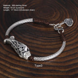 999 Silver Men and Women Pixiu Lucky Handmade Bracelet Leather Rope Adjustable Bracelet Lotus Leaf Fashion Animal Fish Jewelry