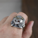 Real 925 Sterling Silver Ring for Men Giant Roc Design With Natural Garnet Stone Gold Color Wings Male Biker Jewelry