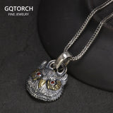 Real S925 Sterling Silver Garnet Pendant Owl Necklace Men's and Women's Retro Jewelry