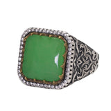 Natural Red Green Jade Ring 925 Silver for Men and Women Antique Flower Pattern Square Shape Signet Fine Jewelry