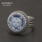 925 Sterling Silver Cat Cameo Ring for Women Round Blue Agate White Shell Vintage Fashion Statement Ring Birthday Party Gift