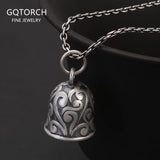 925 Sterling Silver Vintage Bell Pendant Necklace Tinkling Rattling Sound Matte Arabesque Pattern Unisex Charm Luck Jewelry Gift