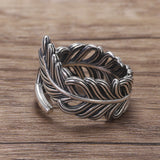 925 Sterling Silver Feather Open Finger Ring for Women Men Adjustable Minimalist Retro Leaf Shaped Fashion Jewelry