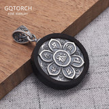 Silver 925 Buddhism OM Six Words Truth Ebony Wood Amulet Pendant Lotus Engraved Round Shape Antiqued Vintage Handmade Jewelry