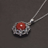 925 Sterling Silver Red Agate or Jade Floral Jewelry Set for Women Begonia Flower Ring Earrings Necklace Elegant Vintage Jewelry