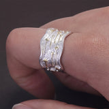 925 Sterling Silver Fashion Ring with Meteor Pattern Irregular Band Adjusted Size 7-9 Retro Trendy Fine Jewelry