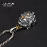 Vintage S925 Sterling Silver Lucky Pixiu Pendant Necklace with Six Character for Men and Women Rotatable Animal Jewelry