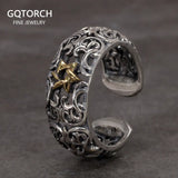 S925 Sterling Silver Retro Hollow Ring with Gold Six-pointed Star Opening Type Thai Silver Jewelry