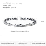 3pcs/set 999 Pure Silver Handmade Braided Open Cuff Bangle Stacked Knot Cotton Rope Bracelet Minimalist Classic Party Jewelry
