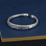 Tibetan Six Words Mantra Vintage Silver Bangles for Women Openable Fish Lotus Buddhist Jewelry Pure Silver S990 Retro Bracelet. - GQTORCH Jewelry