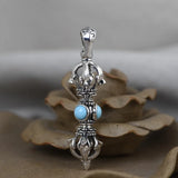 Real Solid 925 Sterling Silver Buddhism Vajra Pendant For Men and Women with Natural Lapis Turquoise Onyx Stone Amulet Jewelry