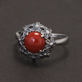 925 Sterling Silver Red Agate or Jade Floral Jewelry Set for Women Begonia Flower Ring Earrings Necklace Elegant Vintage Jewelry