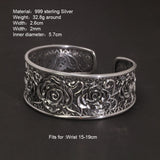 Women's Bangle Silver 999 Hollow Flower Open Cuffs Exaggerated Wide Large Rose Bracelet Retro Jewelry