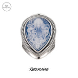 Genuine 925 Sterling Silver Blue Agate Medusa Cameo Ring for Women White Shell Statement Ring Vintage Fashion Party Jewelry