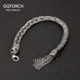 925 Pure Silver Fox Tail Bracelet Handwoven Tangcao Pattern Tassels for Men and Women Retro Adjustable Chain Fine Jewelry