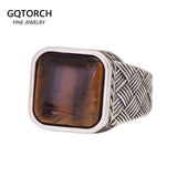 Real Pure 925 Sterling Silver Ring Antique Vintage Men's Ring Natural Agate Tiger Eye Fine Jewelry