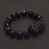 Natural Gold Obsidian Beaded Bracelet with Pixiu Feng Shui Goold Luck Wealth Amulet Fashion Vintage Jewelry for Men and Women