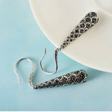 Wholesale Silver Jewelry S925 Sterling Silver Retro Ethnic Fish Scale Pattern Black Agate Long Face-shaped Earrings Women